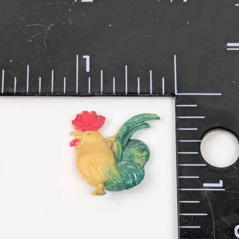 Vintage Miniature Plastic Rooster Charm Red Green Yellow Cracker Jack Prize 1